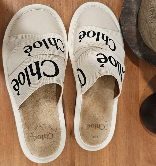 🩷Chloe Woody Leather & Cloth Slides Sz 37 US 7 - Picture 8 of 10